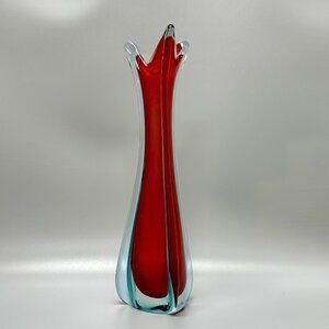 Sommerso Murano Glass Vase Crimson & Blue Three Fingers Petals 13"×4"